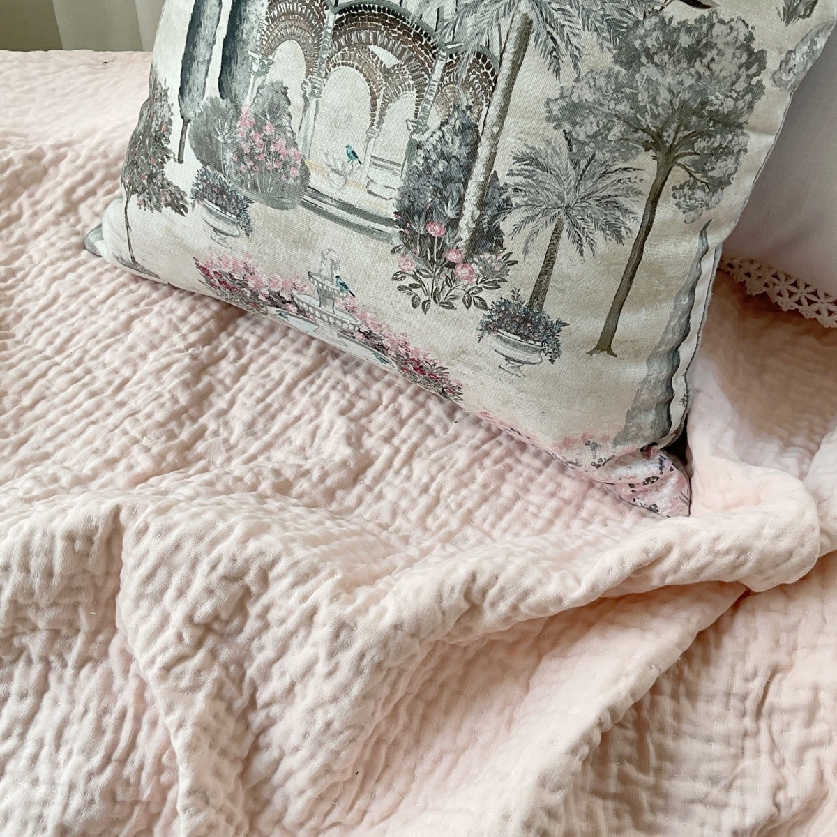 Cobbled Roads in Blush - A Handcrafted Kantha Coverlet - Comes with Four Pillowcases and One Cushion Cover - Studio Covers